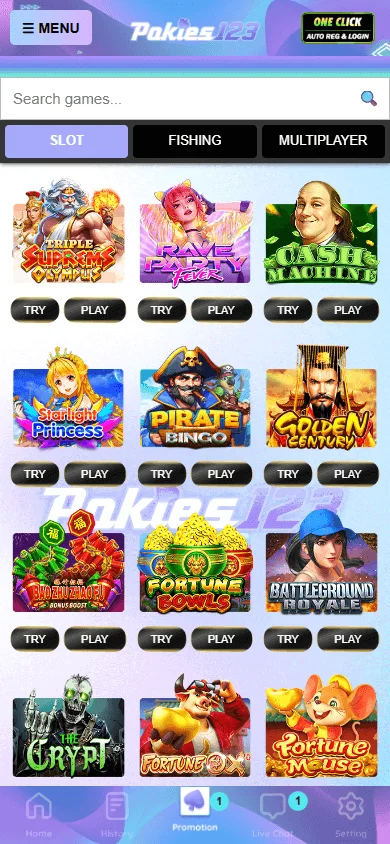 Pokies123 games area on a mobile phone