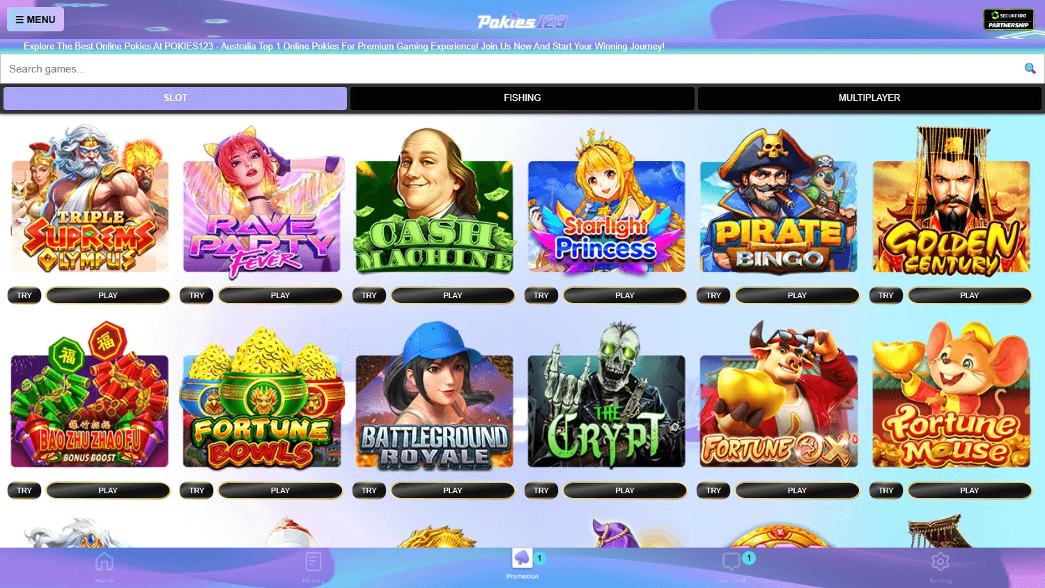 Pokies123 games area on desktop