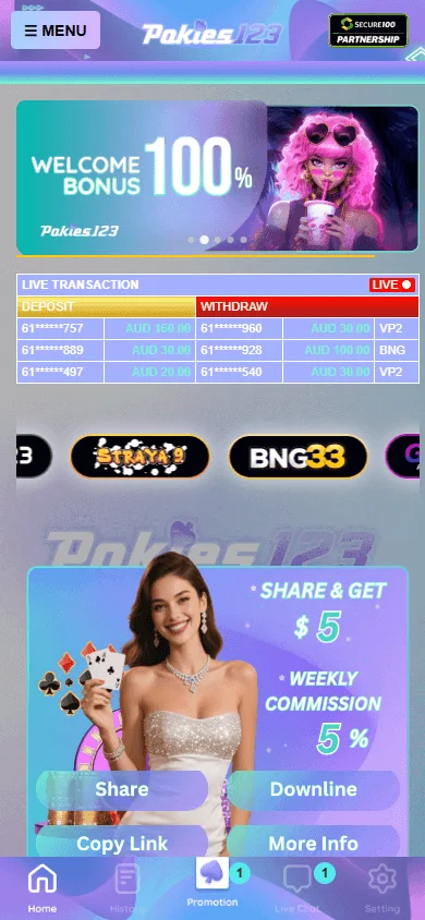 Pokies123 home screen on a mobile phone