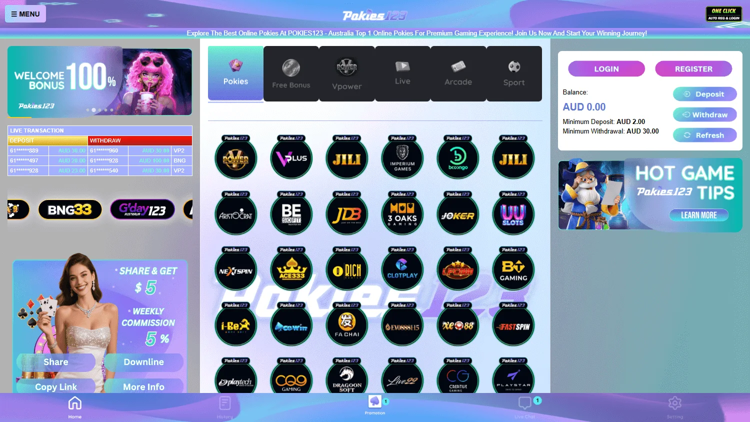 Pokies123 home screen on desktop