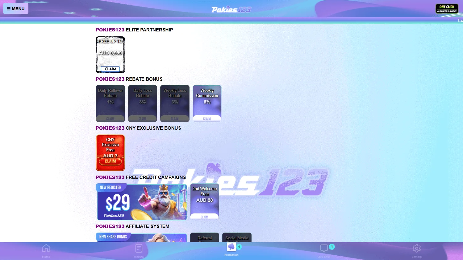 Pokies123 promotions area on desktop