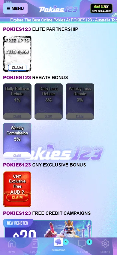 Pokies123 promotions area on a mobile phone